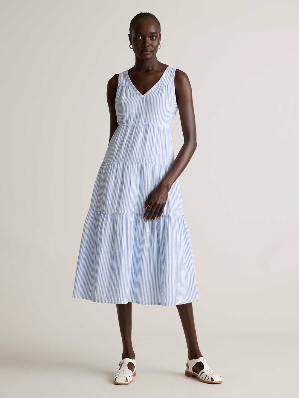 Quince Organic Cotton Gauze Tiered Maxi Dress Blue Stripe XS Cottagecore